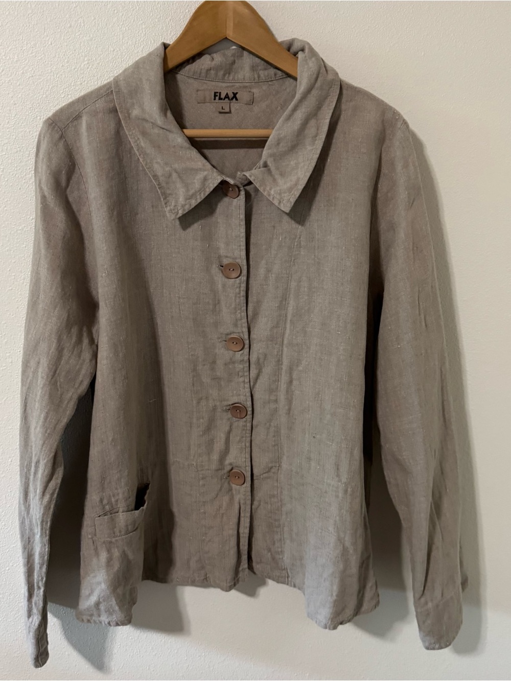 Flax Linen Swing Blazer Beige Button One Pocket Spread Collar Lagenlook-Large